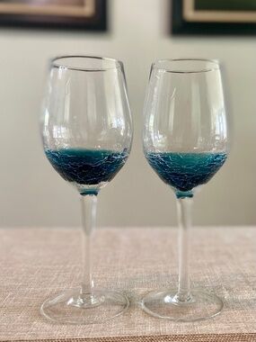 Pier 1 Teal Blue Crackle White Wine Glasses 2 Ombre Hand Blown 8 7/8” vintage
